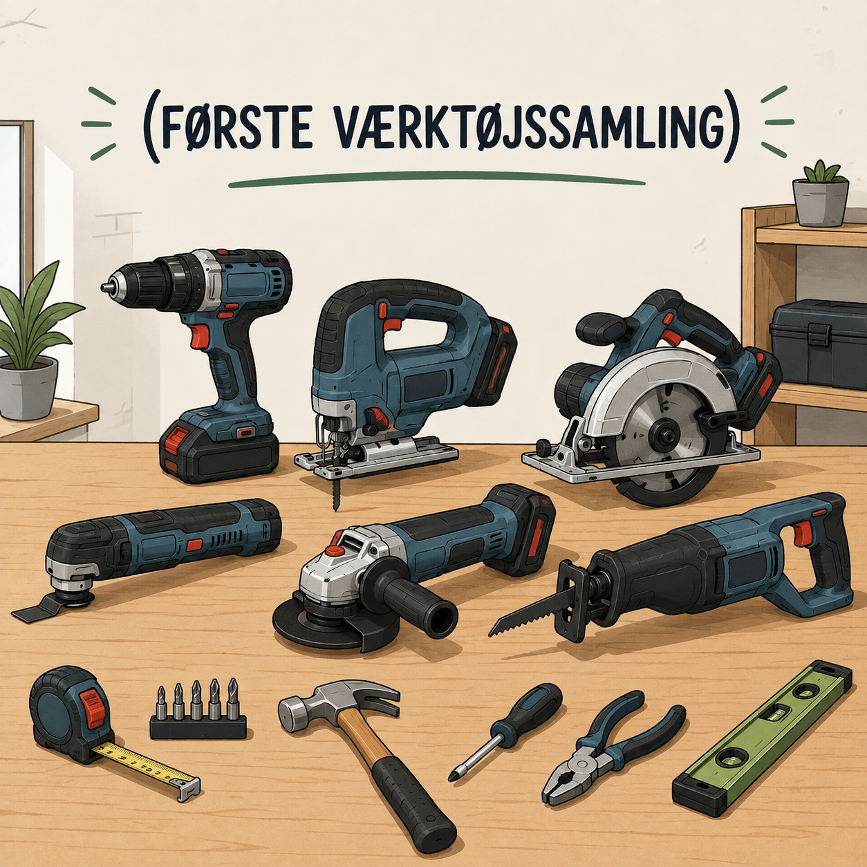 Første værktøjssamling med skruemaskine, stiksav, rundsav og brugt værktøj – Fixit